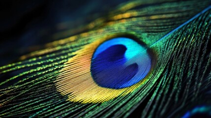 Naklejka premium Close-up of a vibrant peacock feather with iridescent colors and eye pattern