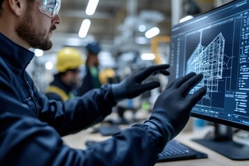 An engineer in a smart work environment utilizes a sophisticated computer screen to manipulate blueprints and design concepts, emphasizing technical skill and innovation.