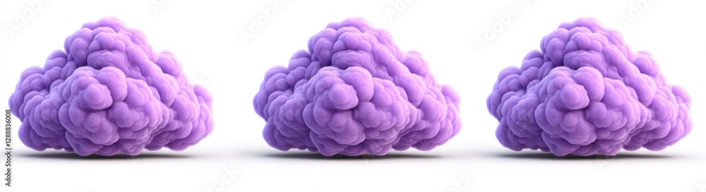 Poster three fluffy lavender clouds arranged in a row against a stark white background. the clouds are soft