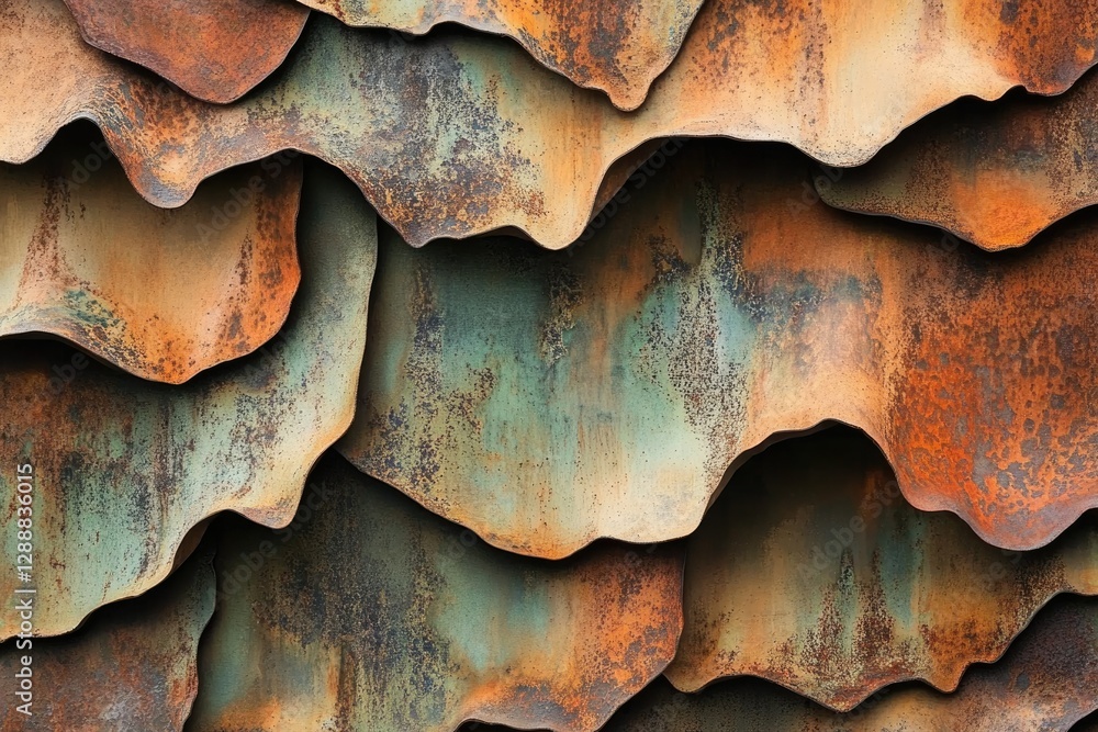 Aufkleber Abstract image of layered, rusty metal sheets with a wave-like pattern showing textures and colors of rust and patina.