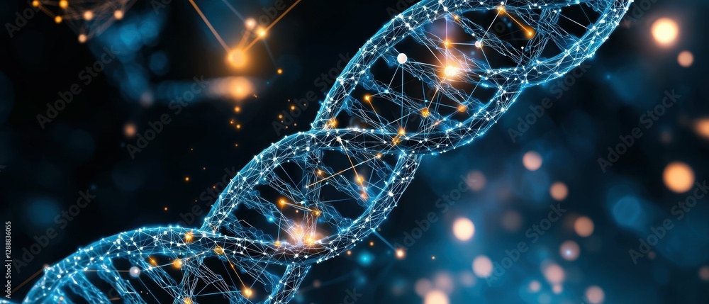 Poster digital dna strand with nodes in abstract space science visualization high-tech environment futurist