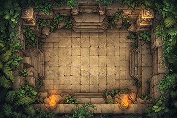 Ancient Stone Temple Ruins Battle Map Surrounded by Jungle Foliage with Warm Lighting