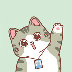A cute olive cartoon cat with big sparkling eyes and rosy cheeks excitedly waves its paw. The cat wears an ID badge, giving a playful professional or official look. 