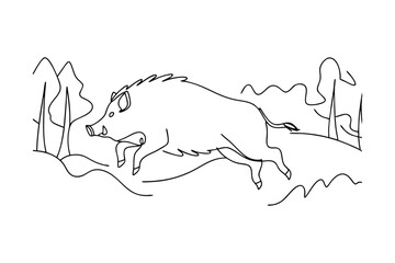 Leaping Wild Boar Line Art Forest Habitat Illustration