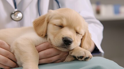 Veterinarian caring for sleeping puppy in clinic animal care professional environment heartwarming scene