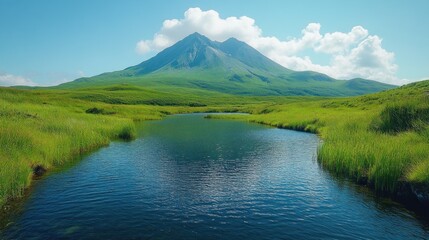 Serene mountain lake reflecting volcano