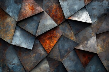 Abstract geometric pattern of rusty metal plates creating a textured, industrial backdrop.