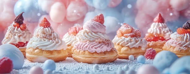 fantasy dessert art, fairytale bakery, artistic pastry design Colorful dessert delights with cream toppings.