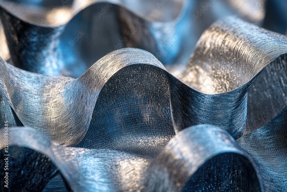 Poster abstract image of metallic blue ribbon fabric with wavy, textured surface.