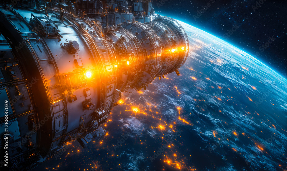 Poster futuristic space station orbiting earth with glowing lights and technological structures in the vast