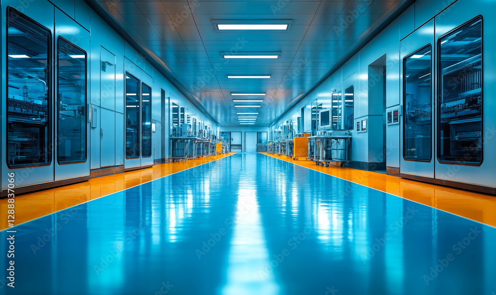 Poster futuristic laboratory corridor with high-tech equipment and reflective surfaces for precision monito