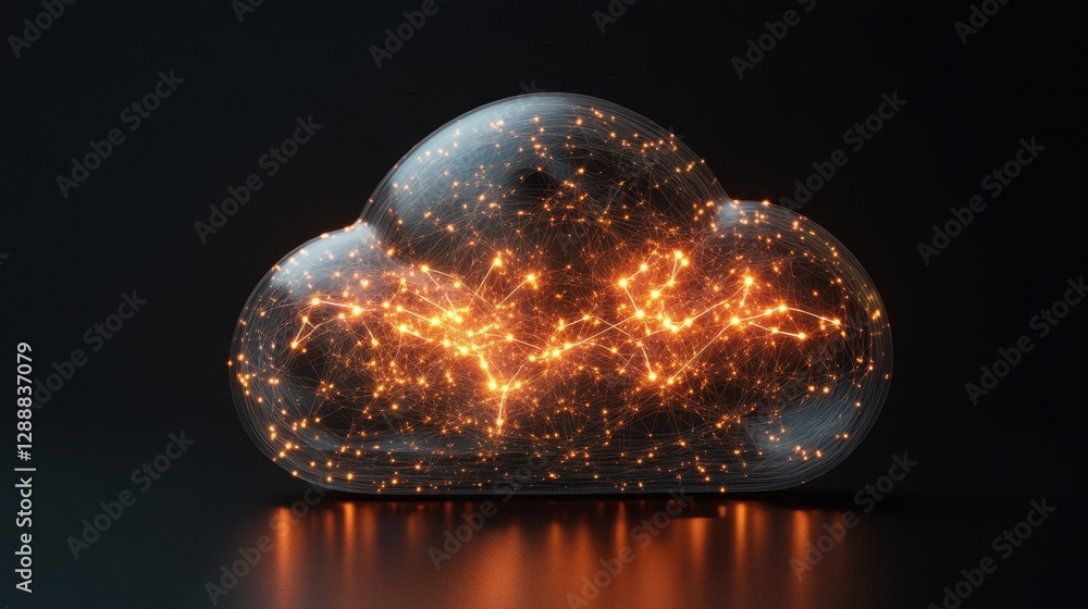 Aufkleber 3d cloud icon with glowing network connections, secure data transfer concept, dark tech background