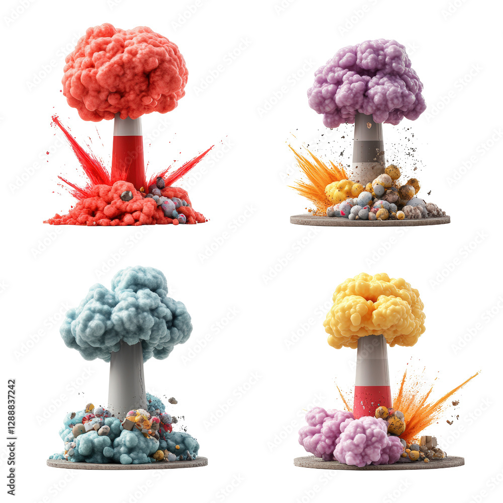 Poster four different colored explosions against a dark background creating a vibrant visual display isolat