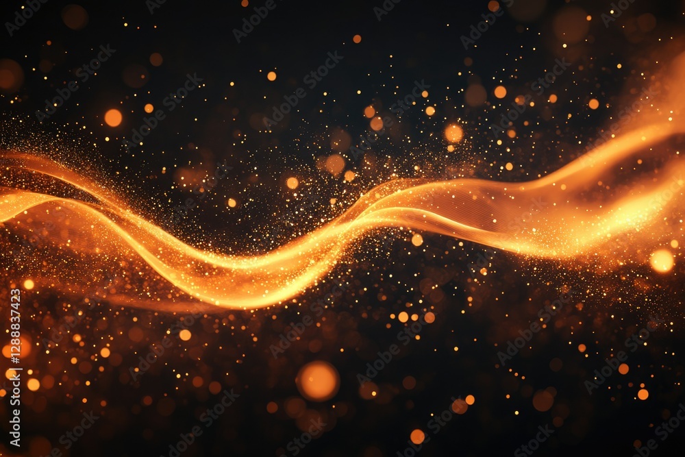 Poster a golden wave of shimmering particles flows gracefully across a dark background, creating a luxuriou