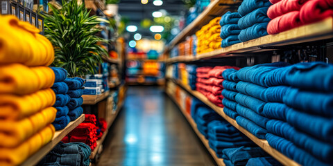 Fototapeta premium Tailored Merchandising Strategies in Retail Store with Colorful Folded Clothes on Shelves for Industry-Specific Customization