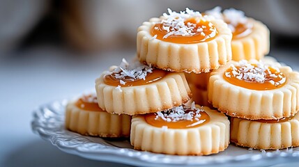 Delicious arranged cookies with a glossy topping and shredded coconut on a decorative plate