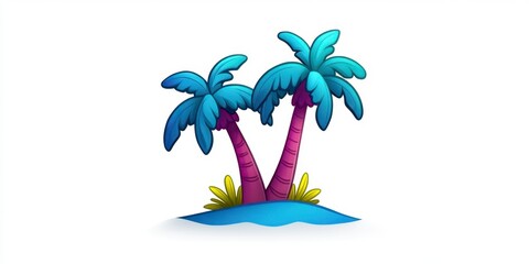 Fototapeta premium Two stylized palm trees on a small island, rendered in a pixel art style with blue and purple hues against a white background. The image evokes a