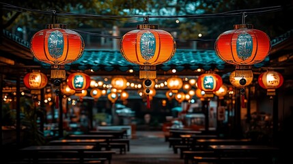 Obraz premium Illuminated Asian restaurant courtyard at night. Stock photo for travel websites.