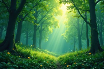 Fototapeta premium Clean lines, geometric shapes overlay lush forest scene , woods, dappled