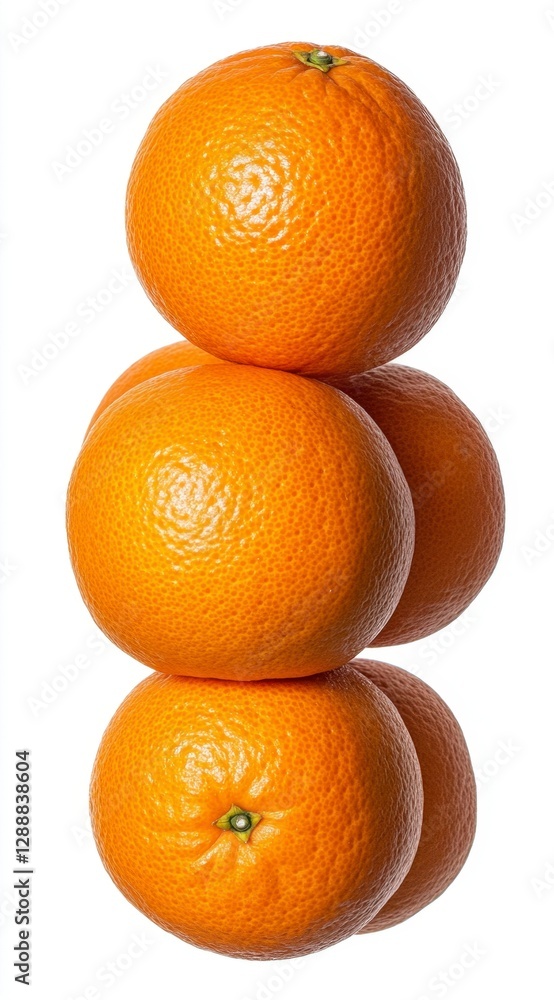 Poster three ripe oranges stacked vertically against a white background. the oranges are vibrant orange wit