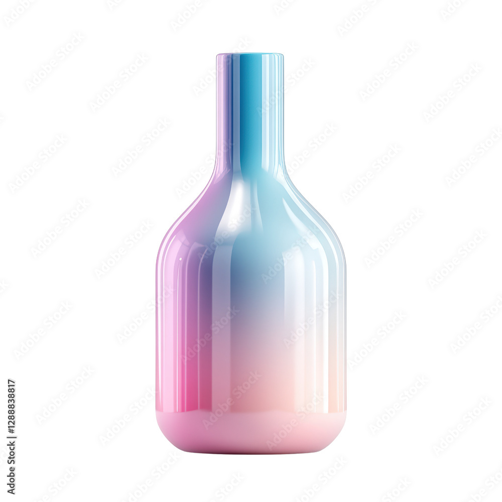 Poster bottle containing pink and blue liquid with a unique design and vibrant colors on a white background