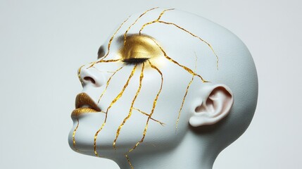 Elegant mannequin with striking gold accents and intricate crack