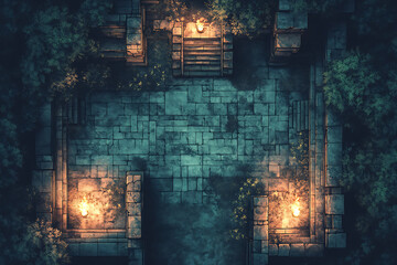 Fototapeta premium Dark Fantasy Battle Map Top Down View of Ancient Stone Ruins at Nighttime with Lighting Effects and Pathways. Digital Artwork for Video Game Asset