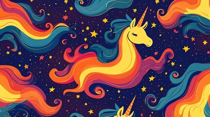 Obraz premium Fantasy Unicorn Illustration with Colorful Mane in Starry Night Sky