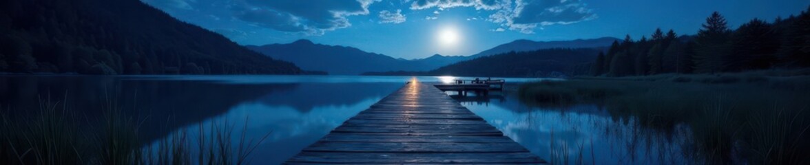 Fototapeta premium Moonlit lake path, wooden planks reflect starlight, twilight, landscape