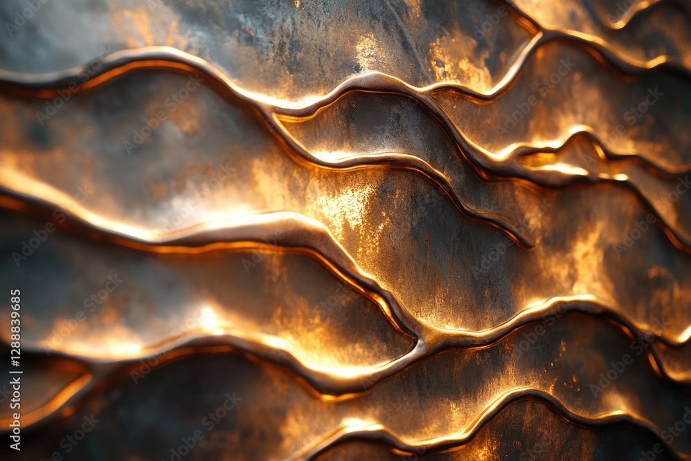 Leinwandbilder abstract metallic texture with wave-like patterns, illuminated by warm light.