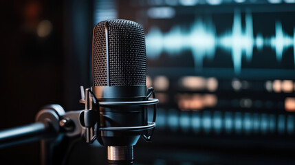 Professional recording studio microphone accompanied by a white audio waveform, ideal for podcast or broadcast production with space for text