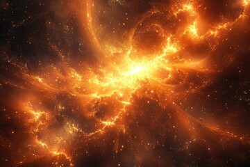 Fiery cosmic nebula with swirling orange and yellow energy, depicting a celestial explosion or supernova.