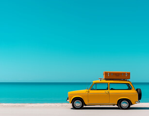 vintage yellow car with luggage on roof parked by beach, surrounded by clear blue skies and calm ocean waves, evokes sense of adventure and nostalgia