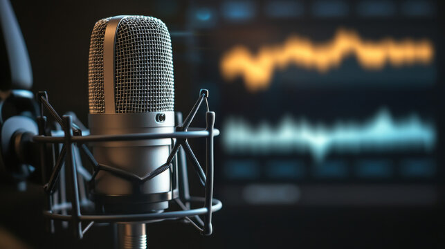 Professional recording studio microphone accompanied by a white audio waveform, ideal for podcast or broadcast production with space for text
