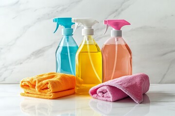 Colorful cleaning supplies on marble surface with towels and various liquids
