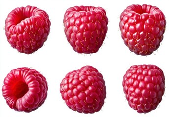 Six vibrant red raspberries with detailed textures are presented against a clean white background. The raspberries show variations in their shape and