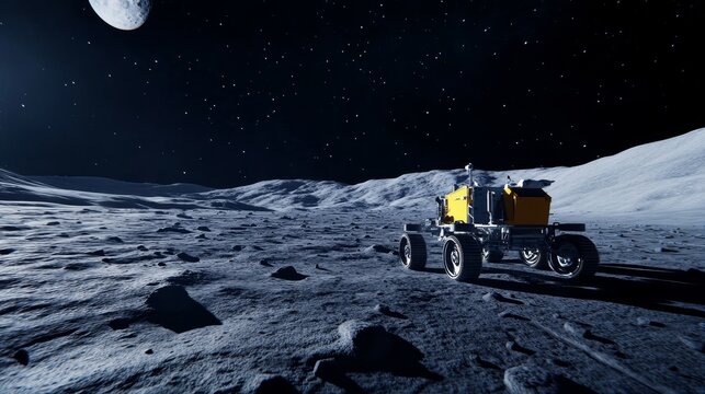 Lunar rover exploring the moon's surface under a starry sky with Earth visible in the distance - Powered by Adobe