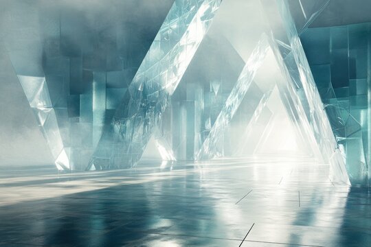 A futuristic, misty environment with crystalline structures forming a triangular pathway.