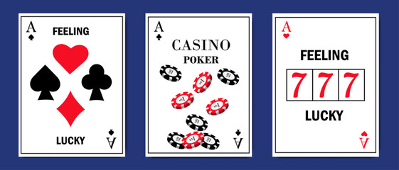 Stylized playing cards featuring casino symbols, poker chips, and lucky sevens on a dark blue background.