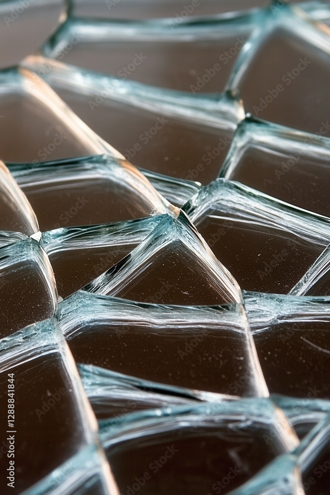 Poster close up view of shattered glass with a dark background, showing a complex network of cracks and fis