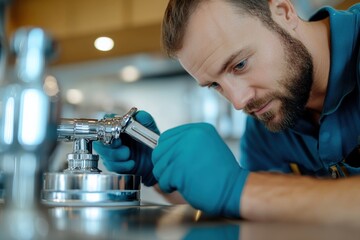 A dedicated technician carefully inspects and fixes a faucet in a modern kitchen, showcasing attention to detail and commitment to quality workmanship.
