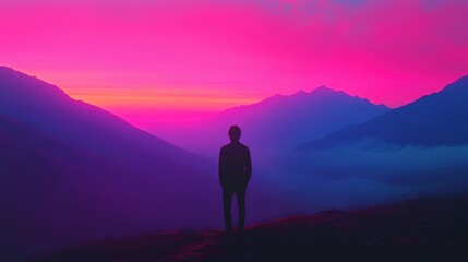 Obraz premium A dramatic fantasy scene of a figure silhouetted against a neon-colored sky, with rolling mountains bathed in soft twilight glow.