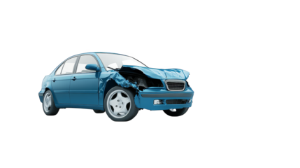 Car accident damage, broken front end after a collision automotive repair and insurance