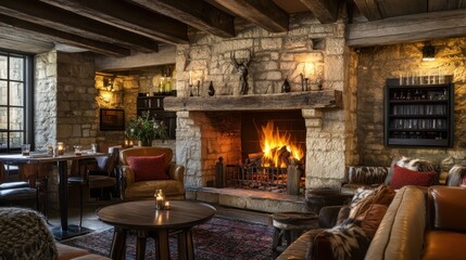 A stone fireplace with a roaring fire burning inside