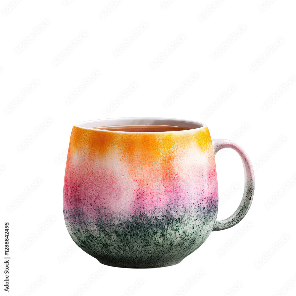 Poster ceramic cup with pink and green abstract design on a white background for beverage use isolated on t