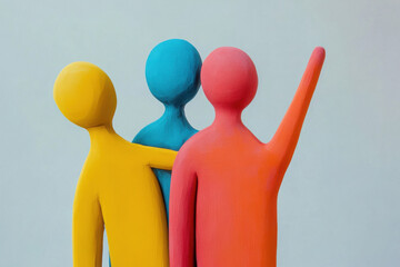 Three colorful abstract figures in yellow, blue, and red with minimalist design evoke a sense of unity and creativity against a light background.