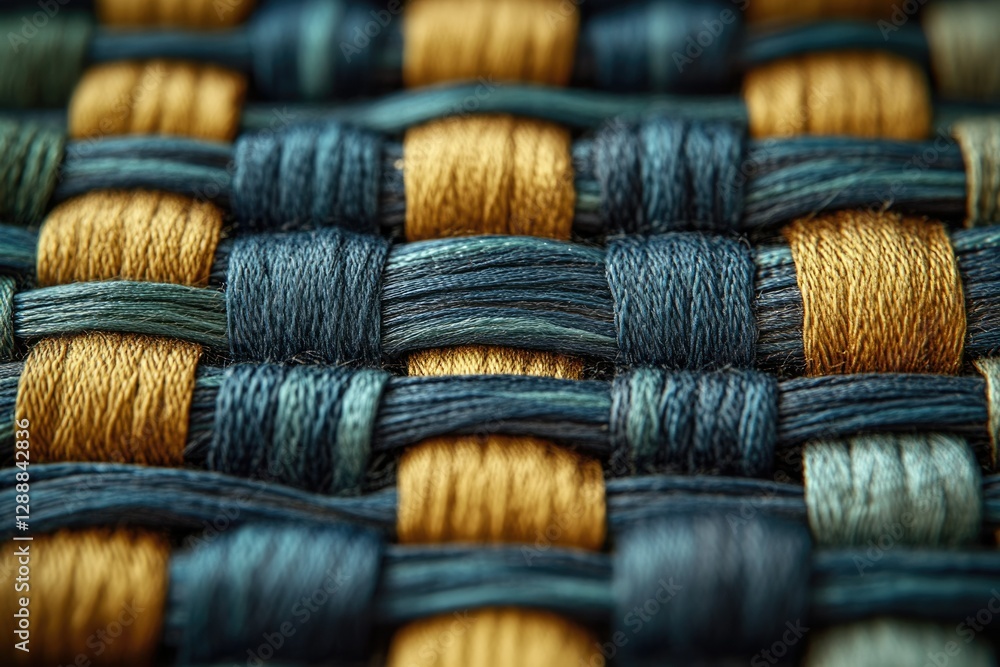 Poster close-up of intricately woven threads in shades of teal and gold, showcasing texture and craftsmansh