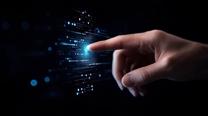 Hand Interacting with Glowing Blue Digital Data Matrix on Dark Background