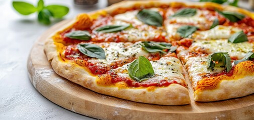 Closeup of homemade Margherita pizza with a perfectly baked crust, fresh toppings, and a cozy kitchen backdrop with herbs and spices