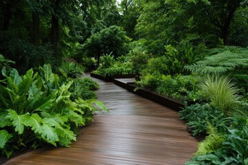 Winding wooden pathway surrounded by lush greenery invites explo